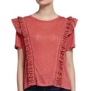 Veronica Beard Linen Prema Top S Ruffled Eyelet Lace tee Coral crewneck T-Shirt